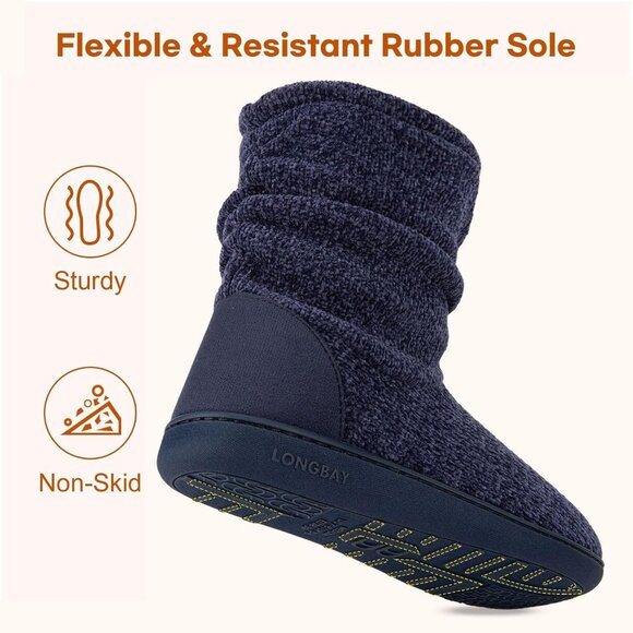 Women's Winter Warm Non Slip Knit Memory Foam Navy Blue Slipper Bootie Shoes - Picture 5 of 6